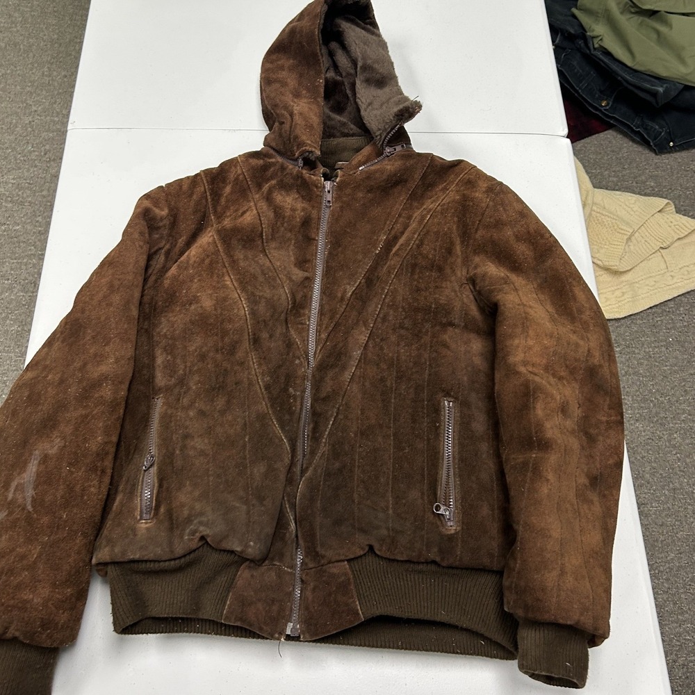 Vintage Tamara Suede Hooded Bomber Jacket Mens L Brown Distressed Leather Coat